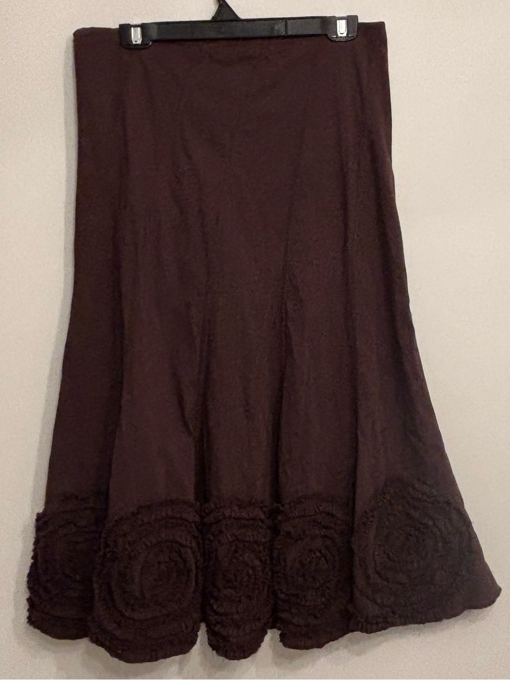 Chocolate Brown Embroidered Midi Skirt Boho Artisan Lagenlook European, L - Picture 3 of 7